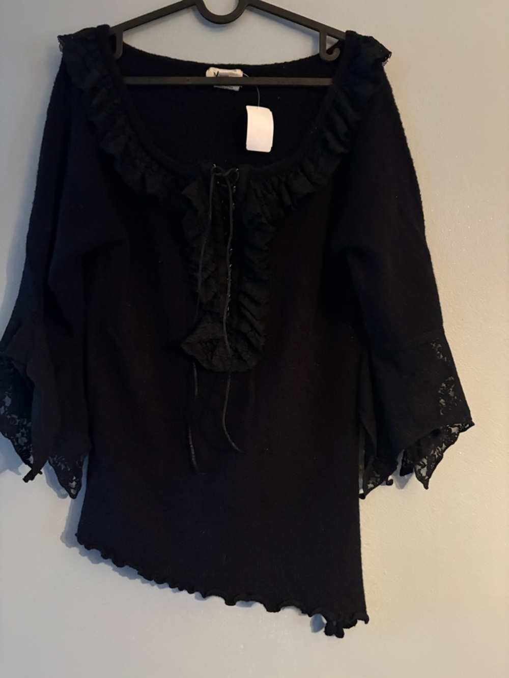 MKM Designs Whimsigoth Black Lace Ruffle-Trim Knit Lace Up Asymmetrical Top